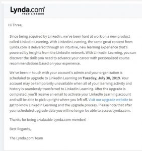 screen shot of message from lynda.com about upgrade to LinkedIn Learning