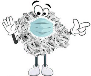 Shreddy, a cartoon character consisting of a crumpled ball of shredded paper, wearing a mask and pointing
