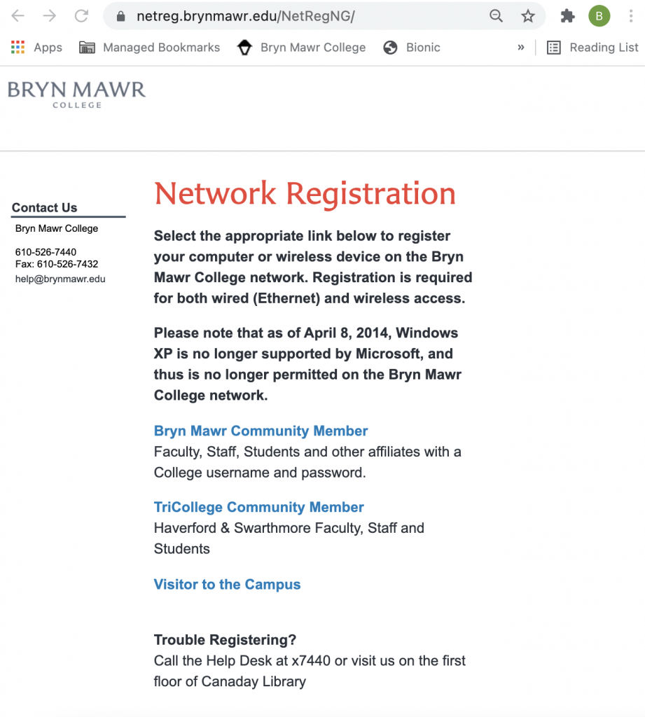 Image of the Network Registration webpage
